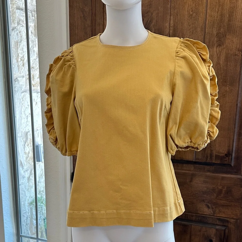Ulla Johnson Mustard Puff-Sleeve Crewneck Top Size 6